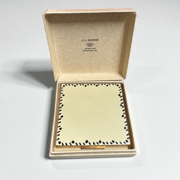 Vtg Elgin Powder Compact Cream Black Enamel Gold Mirrored Puff - Picture 1 of 6